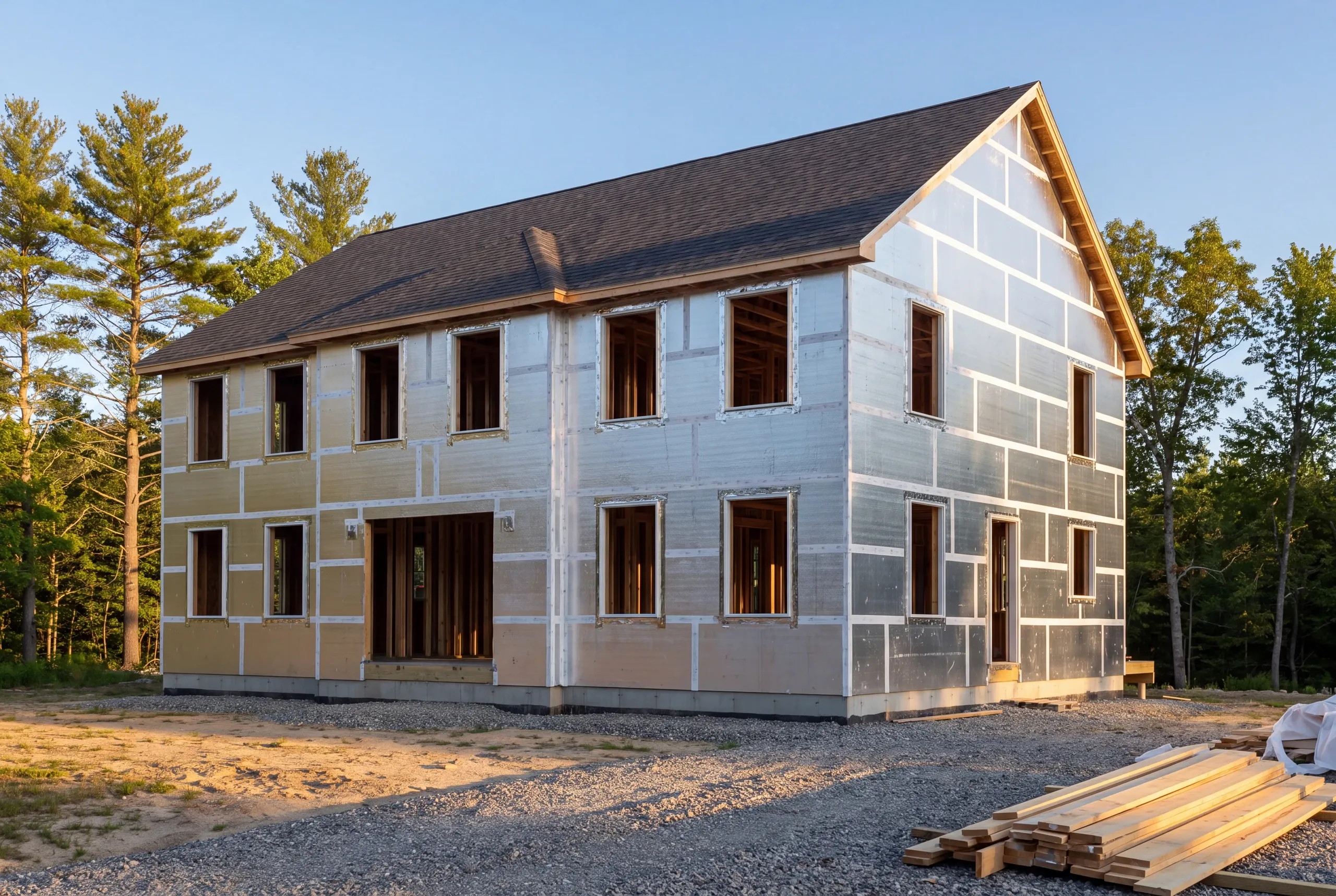 Rigid foam being applied over sheathing on a Greene home