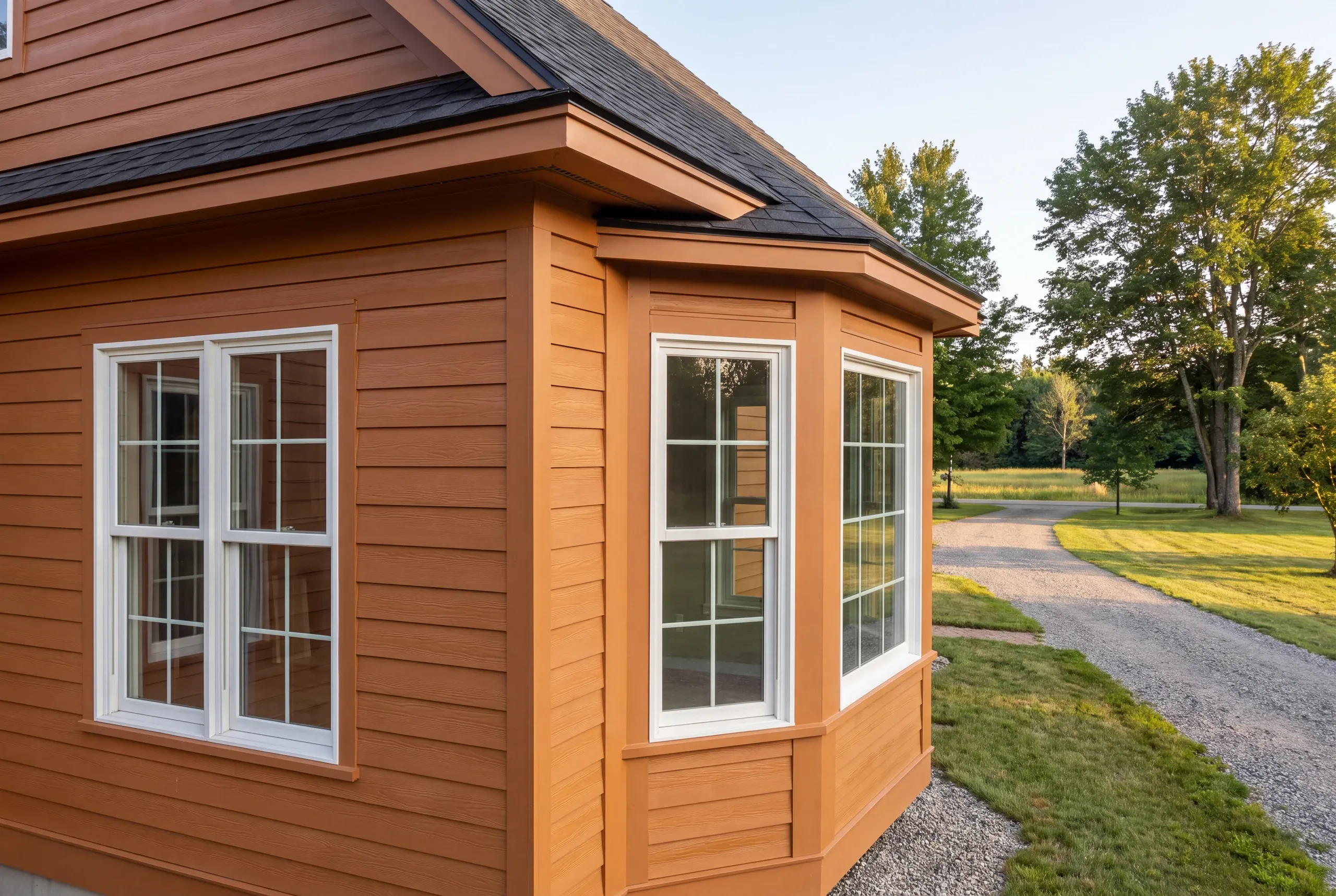 Finished siding, corner boards and window trim along the side of a Greene home