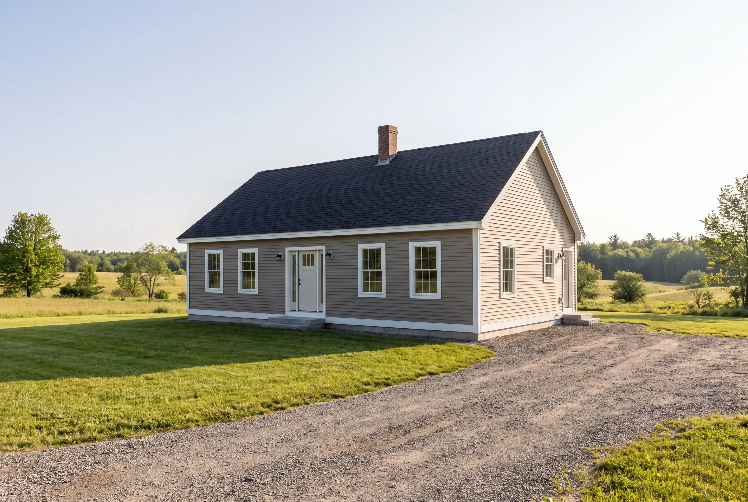 Finished siding and trim on a Greene, Maine home, wide view