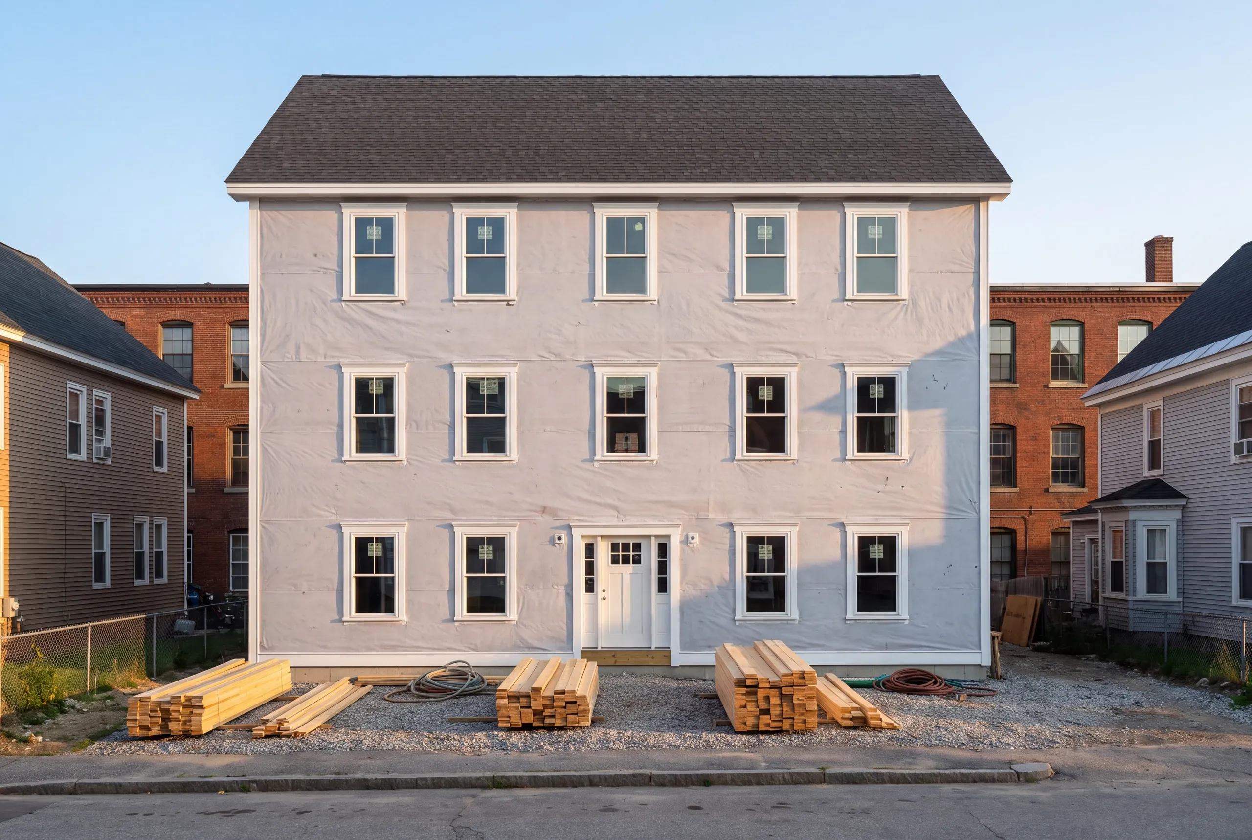 Three-story mill-era multi-family being re-sided in Lewiston