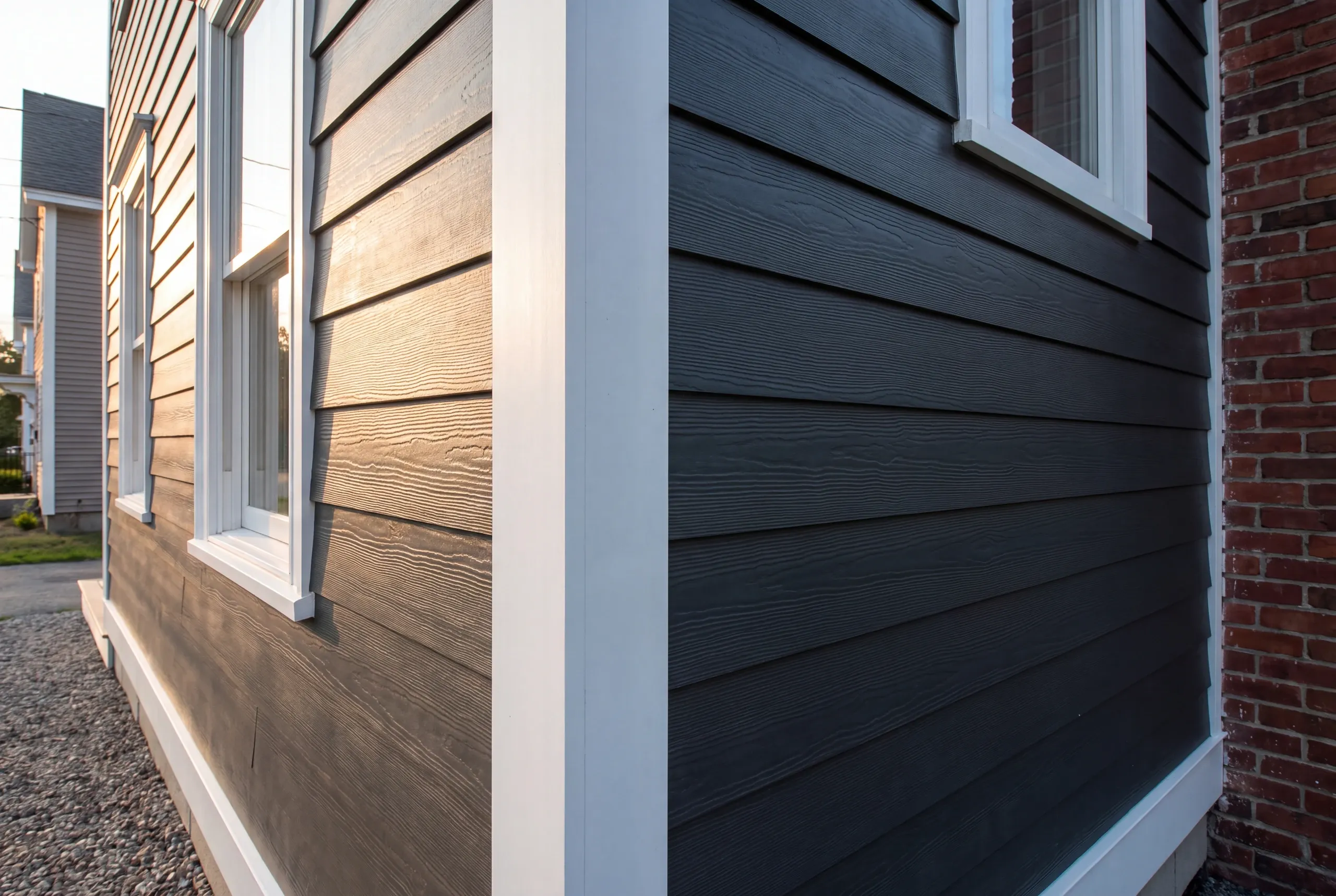 Finished siding, corner boards and window trim along the side of a Lewiston home