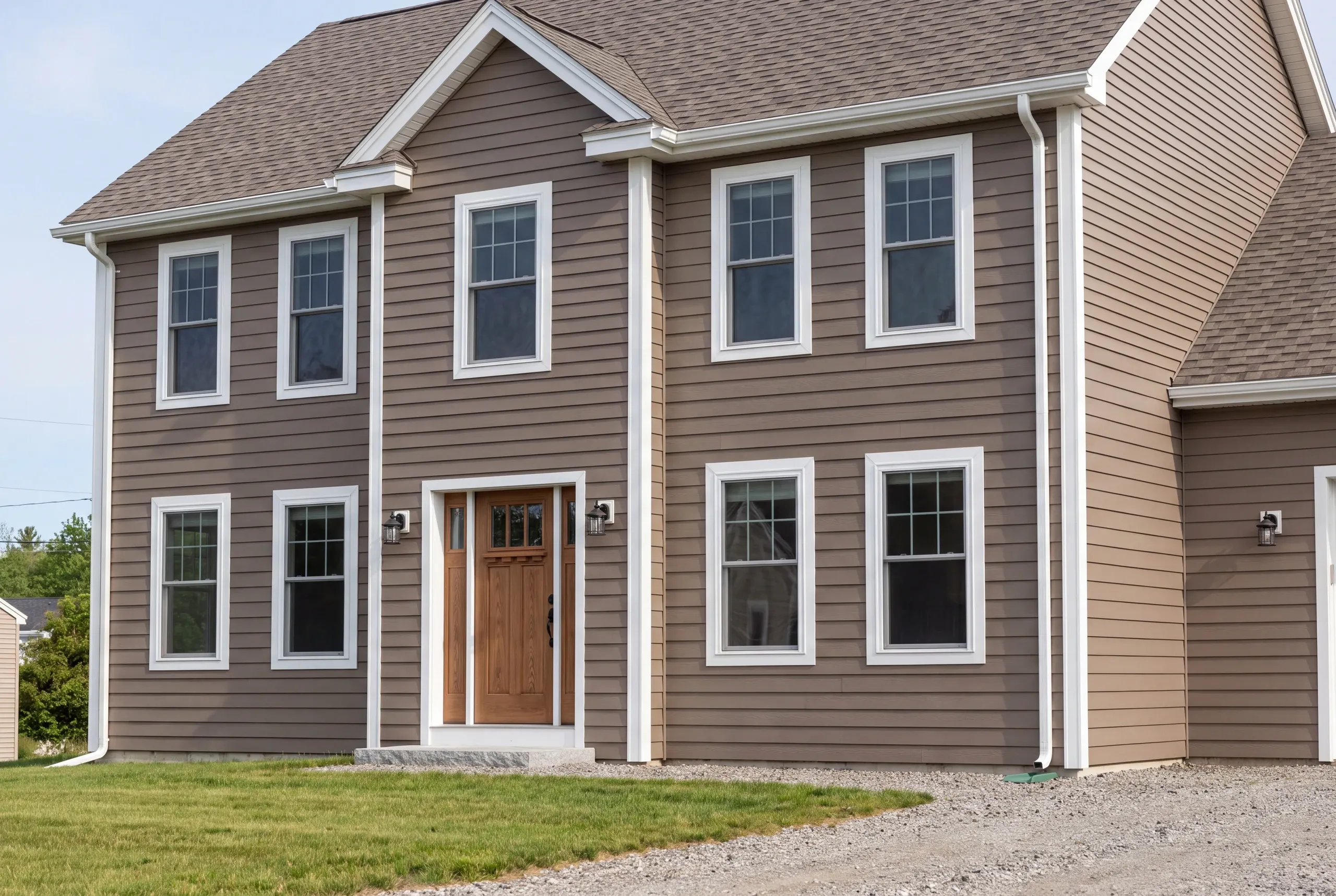 Finished siding and trim on a Lewiston, Maine home, wide view