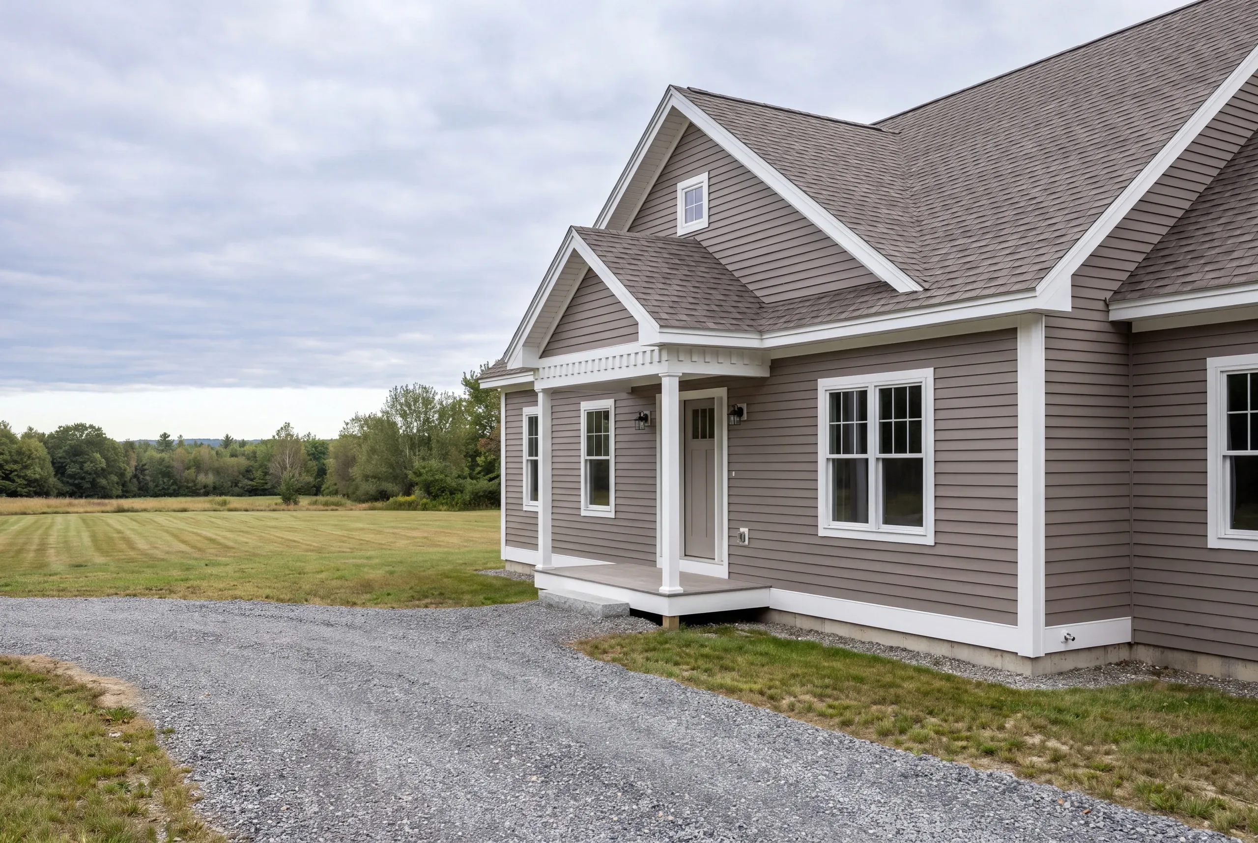 Finished siding and trim on a Mt Vernon, Maine home, wide view