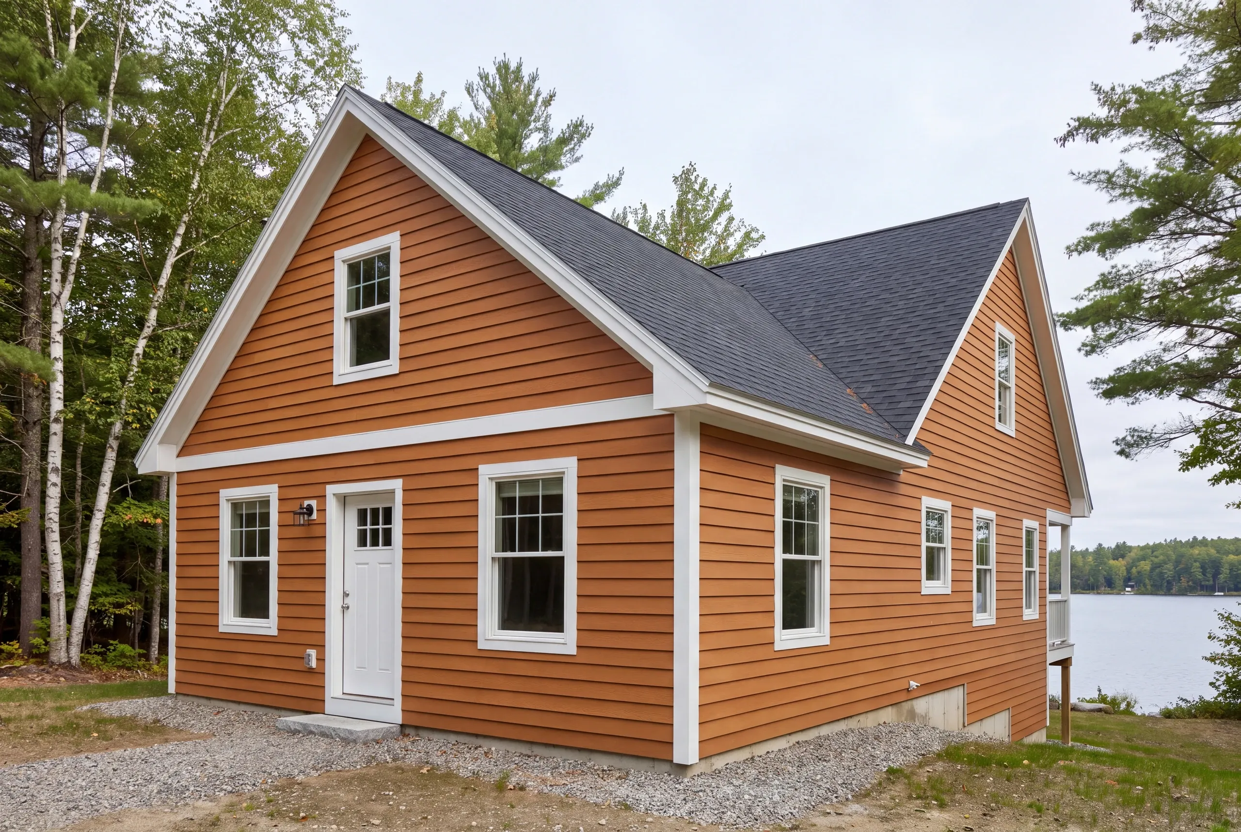 Siding contractor Oakland, ME re-siding a converted camp on Messalonskee Lake