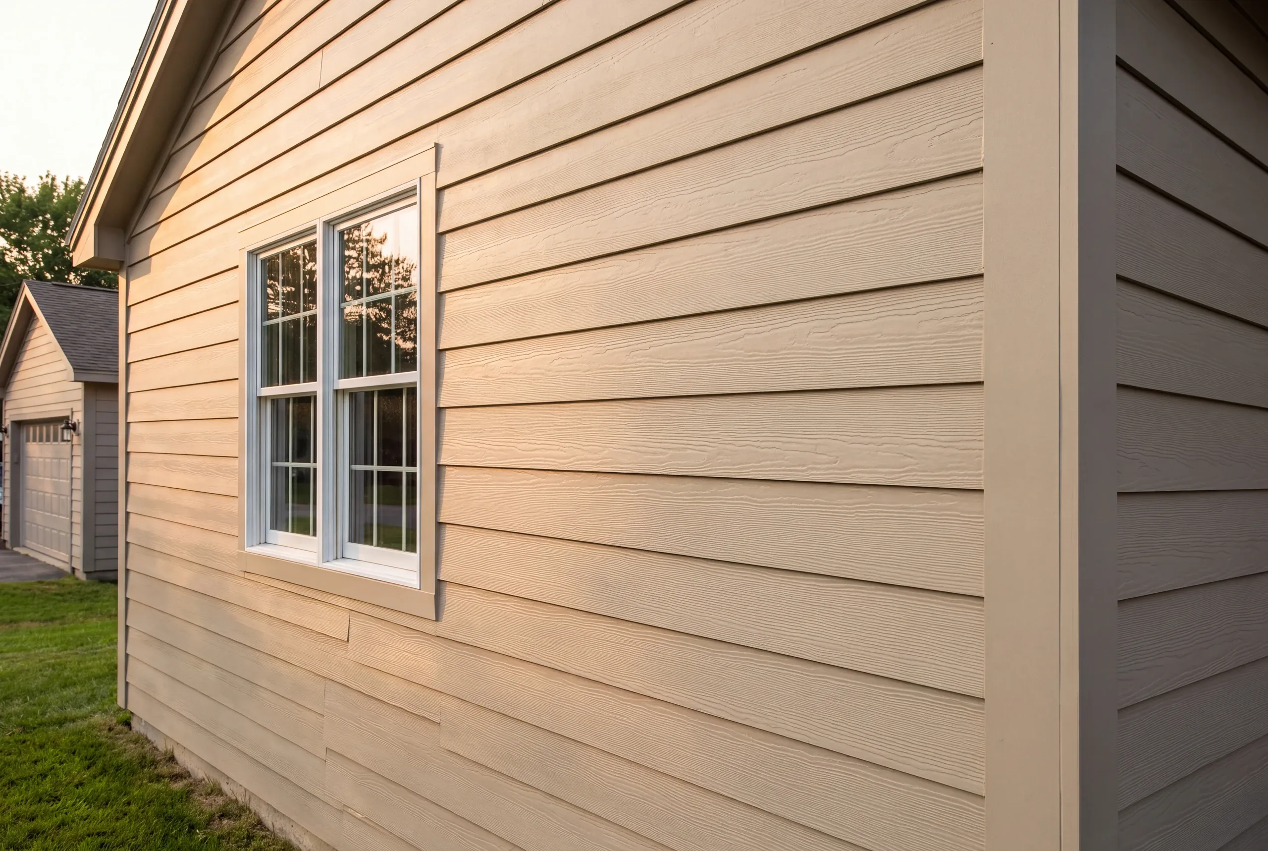 Finished siding, corner boards and window trim along the side of an Oakland home