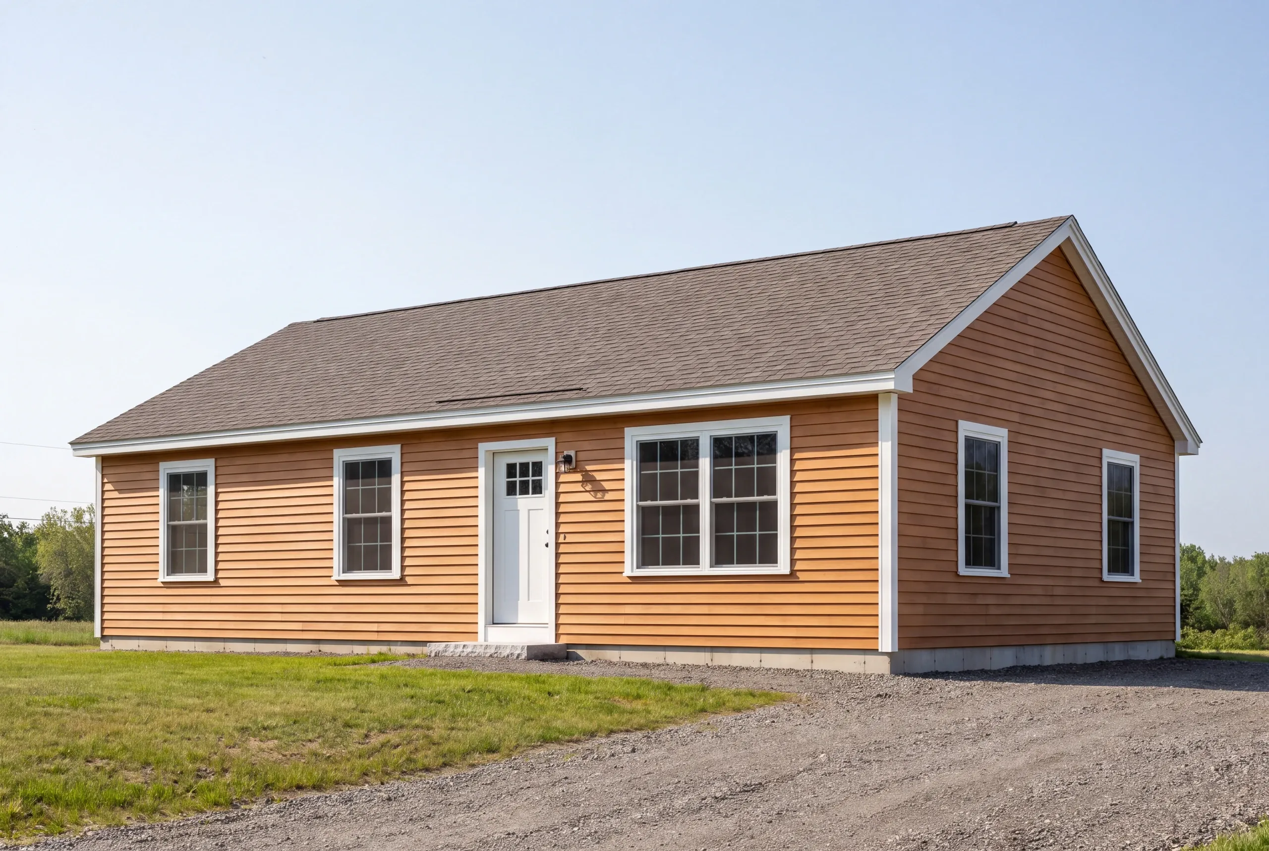 Finished siding and trim on an Oakland, Maine home, wide view