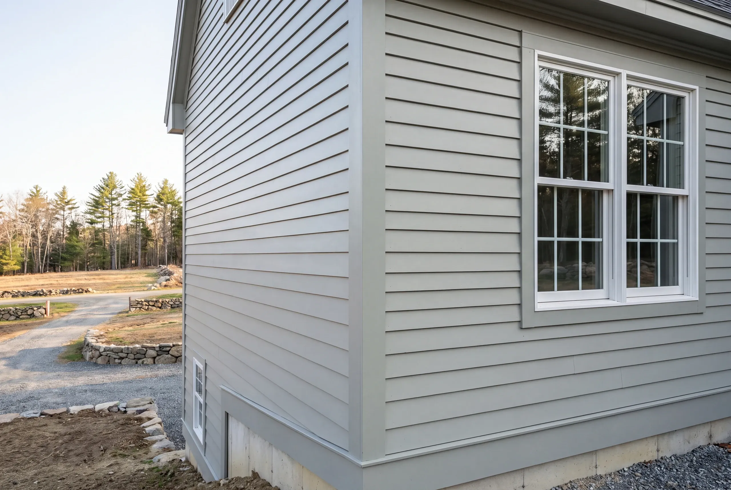 Finished siding, corner boards and window trim along the side of a Palermo home