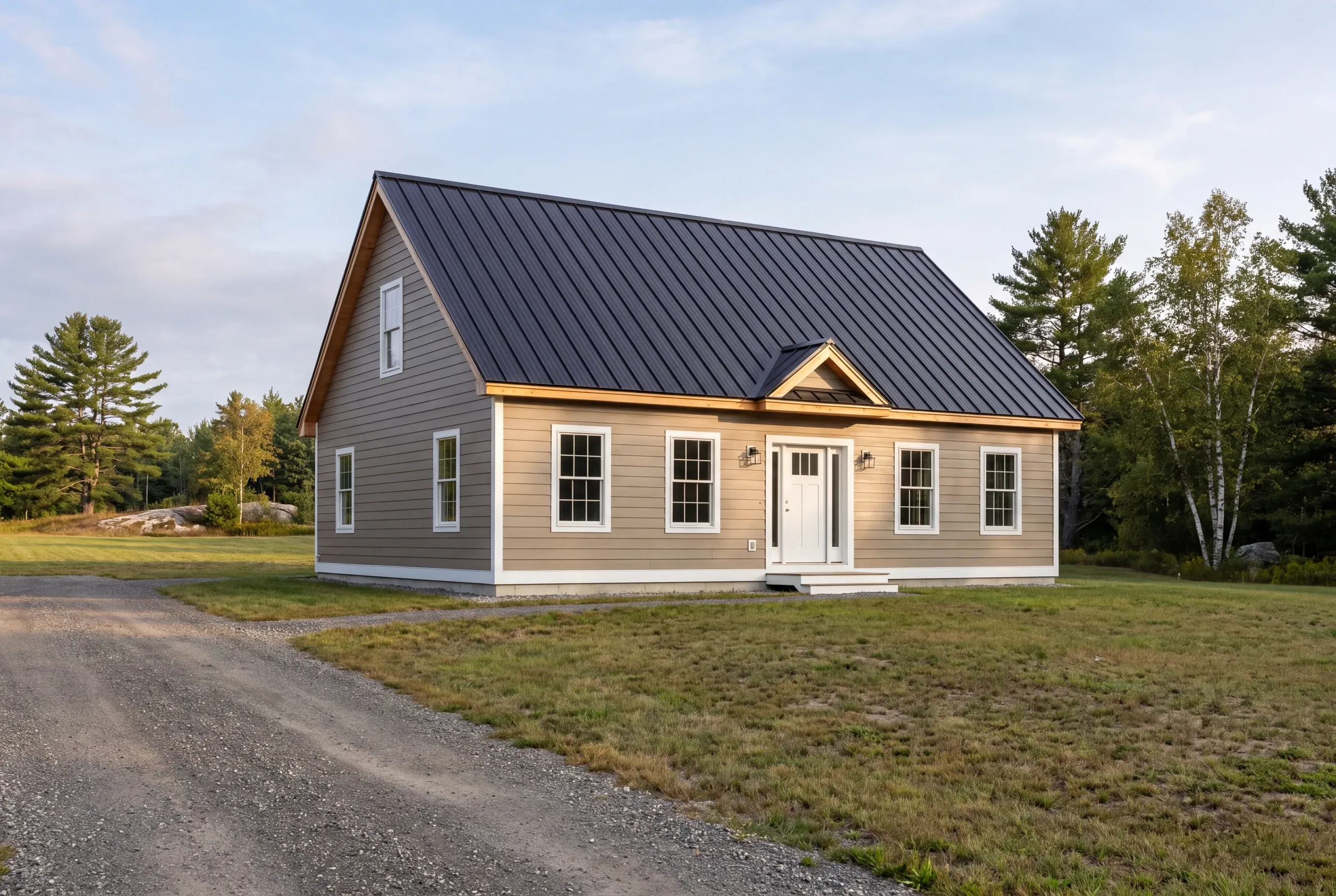 Finished siding and trim on a Palermo, Maine home, wide view