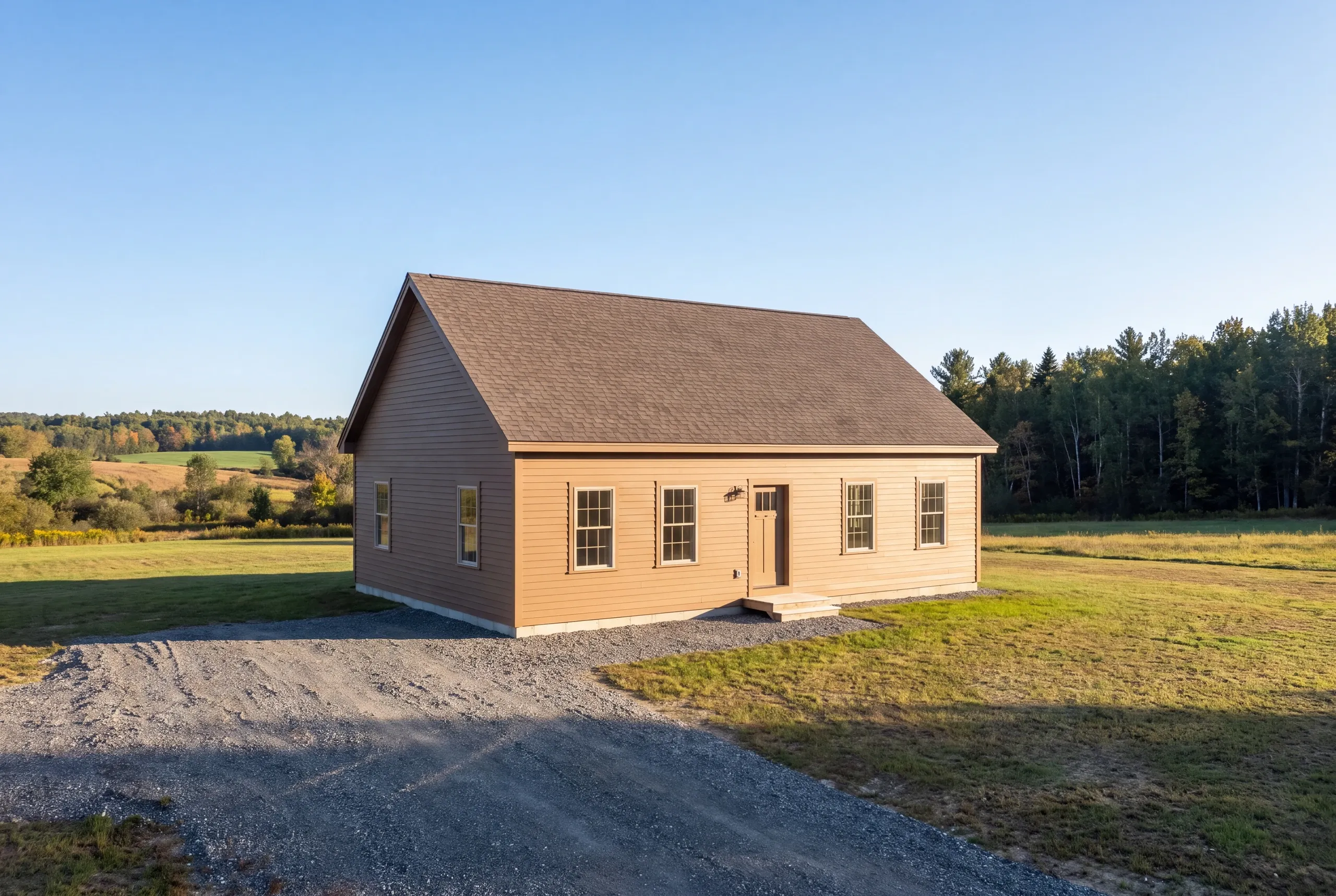 Finished siding on a Sidney home between farmland and the lake