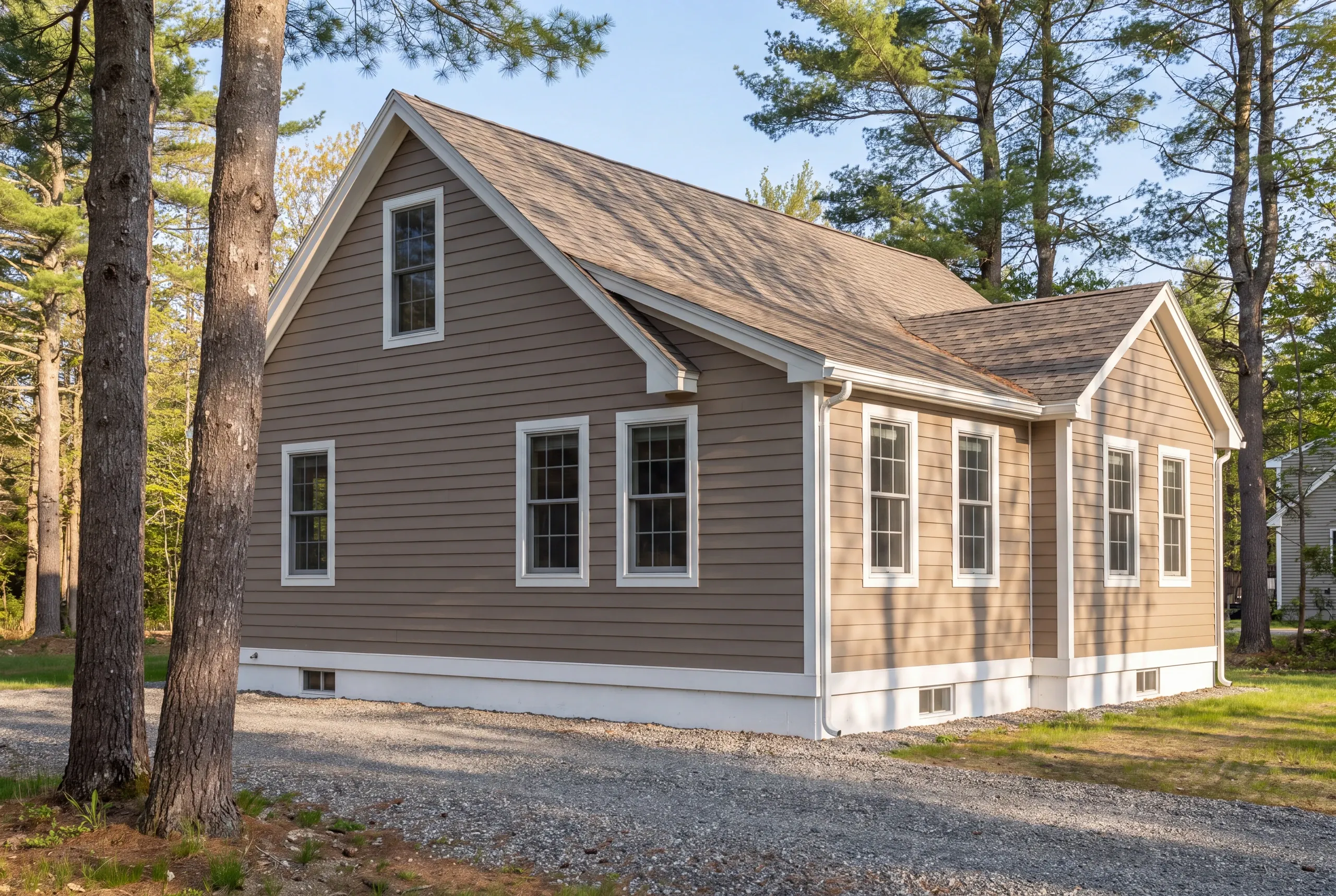 Finished siding, corner boards and window trim along the side of a Sidney home