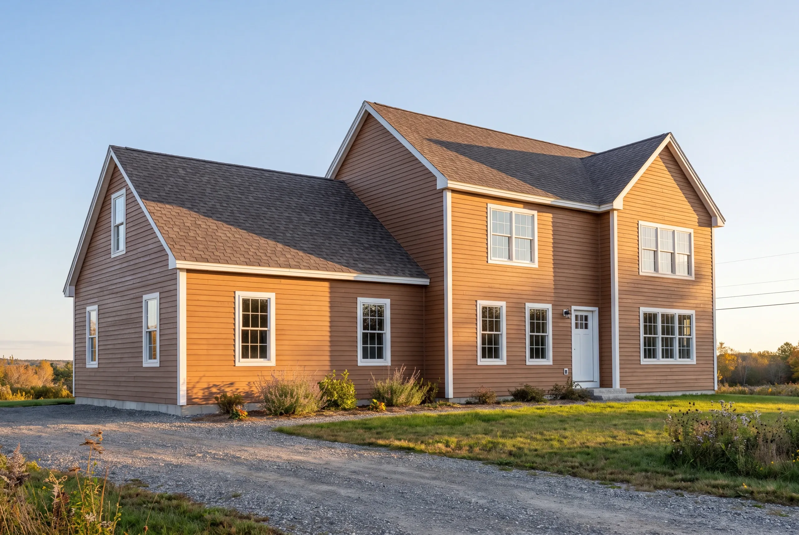 Finished siding and trim on a Sidney, Maine home, wide view