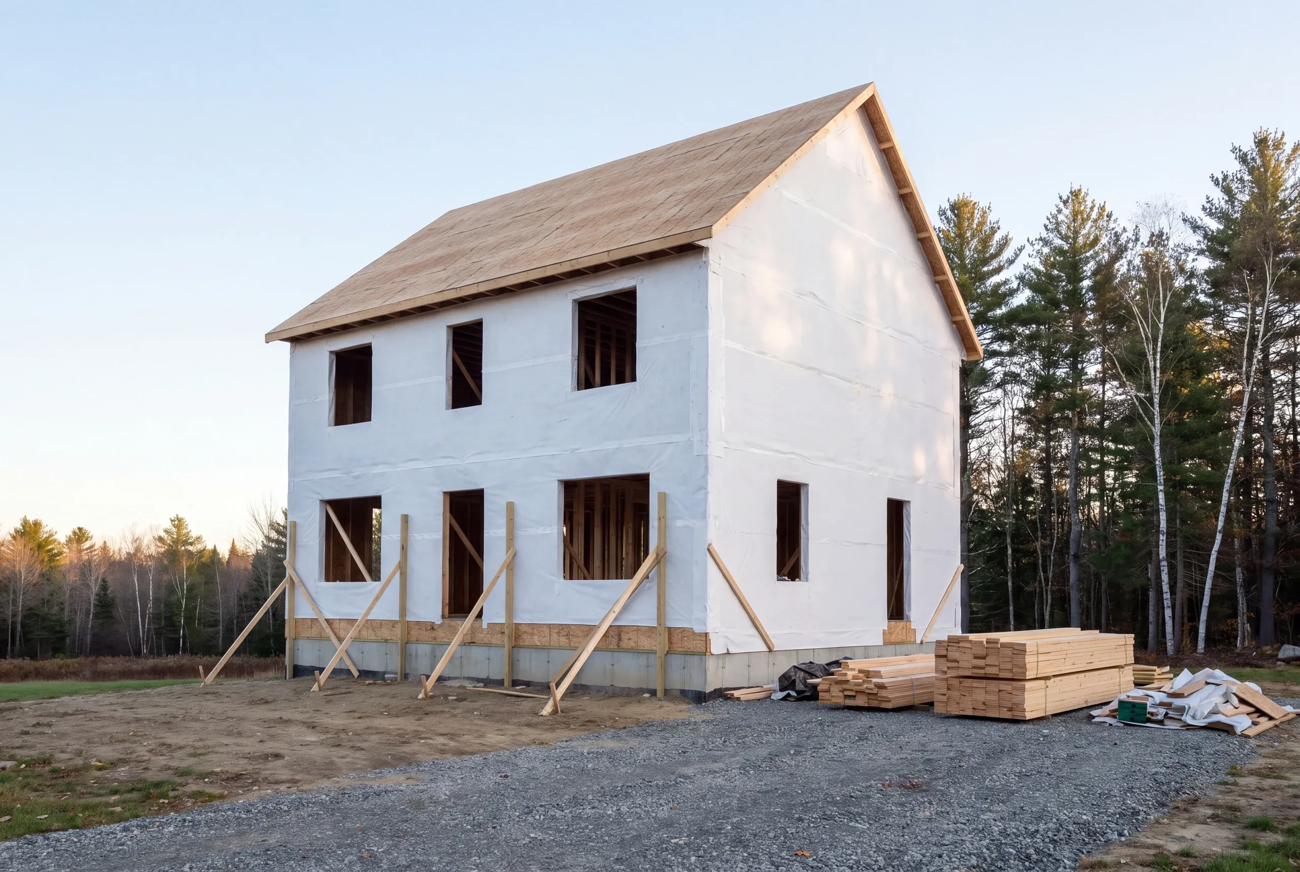 House wrap being installed on a China Lake basin home in Vassalboro