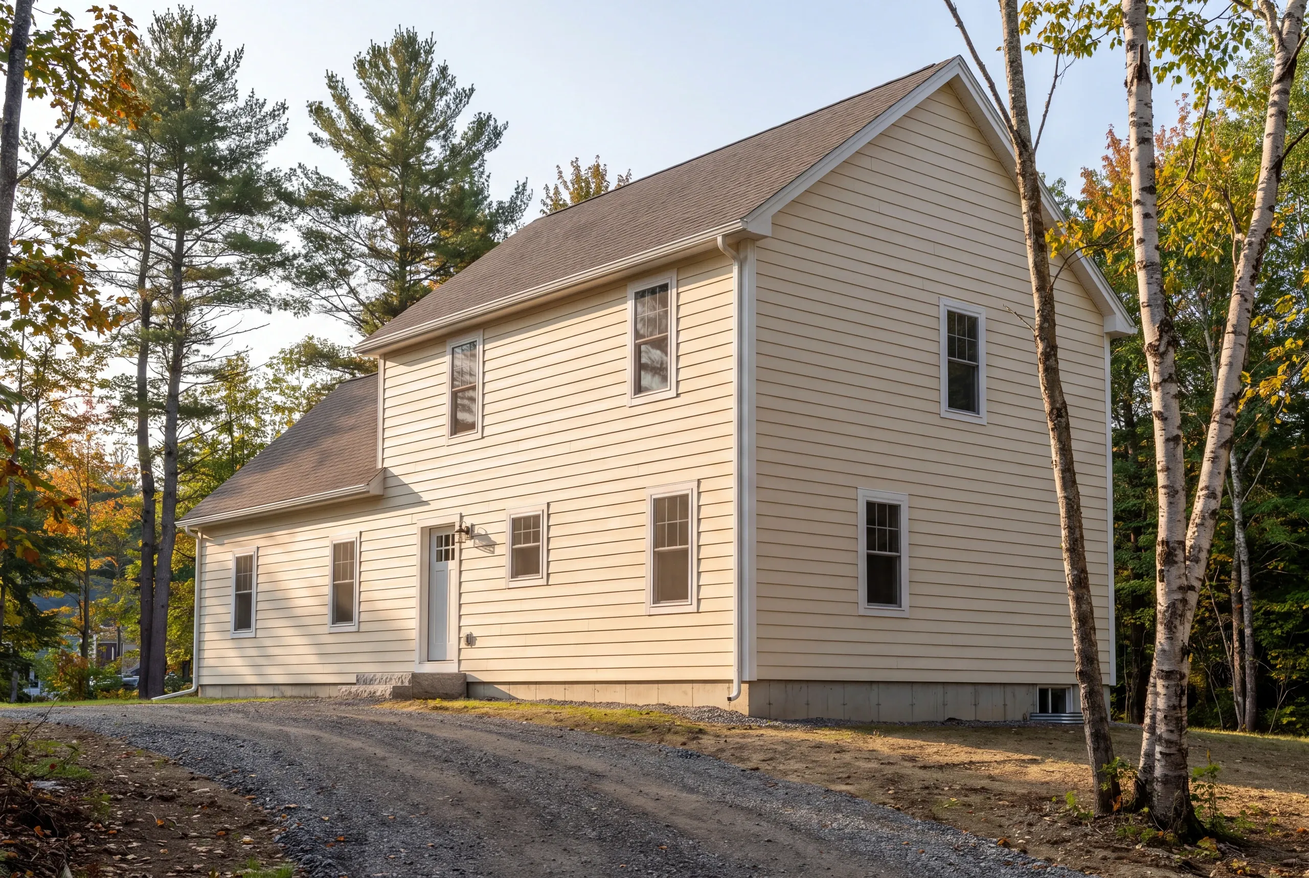 Finished siding, corner boards and window trim along the side of a Vassalboro home