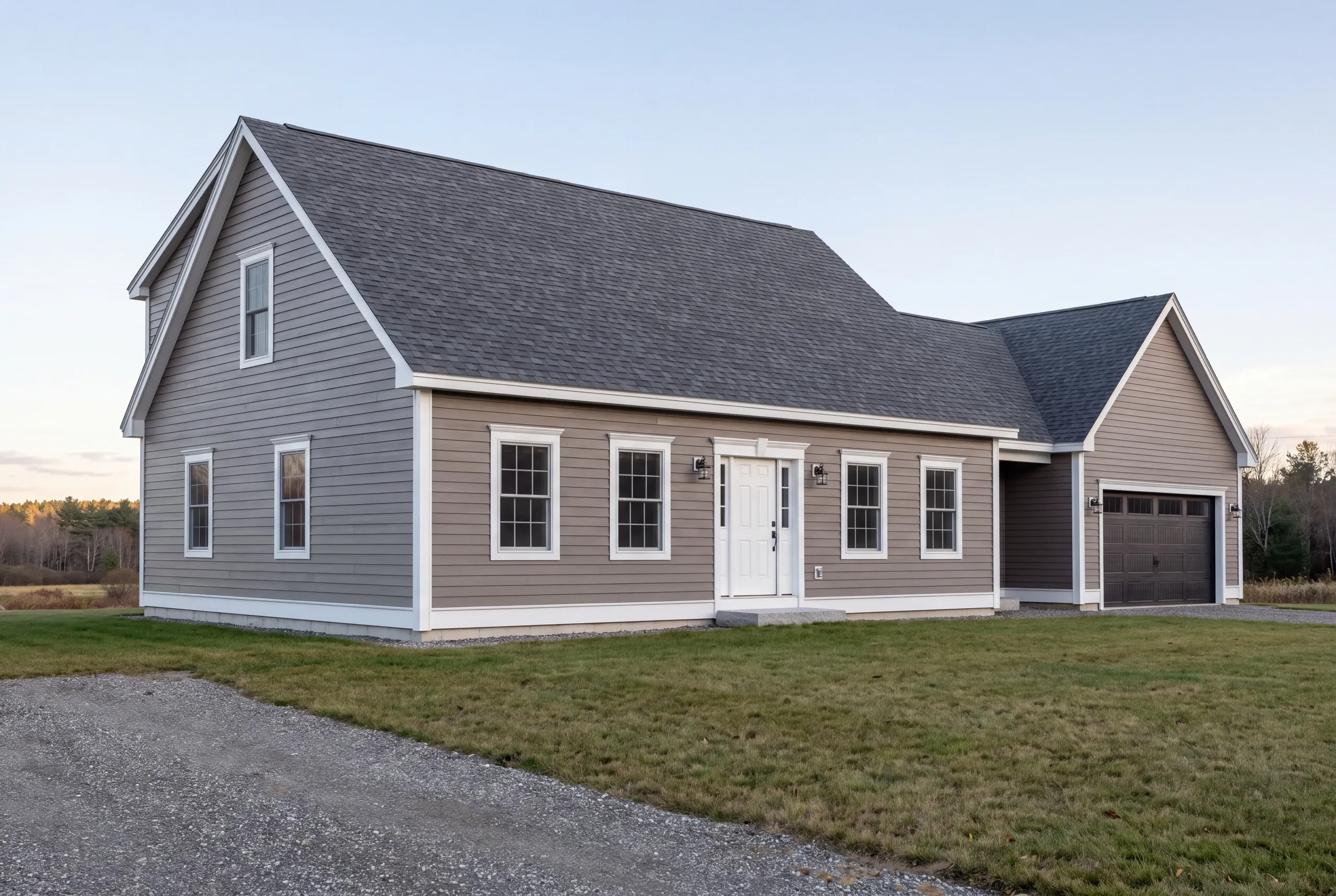 Finished siding and trim on a Vassalboro, Maine home, wide view