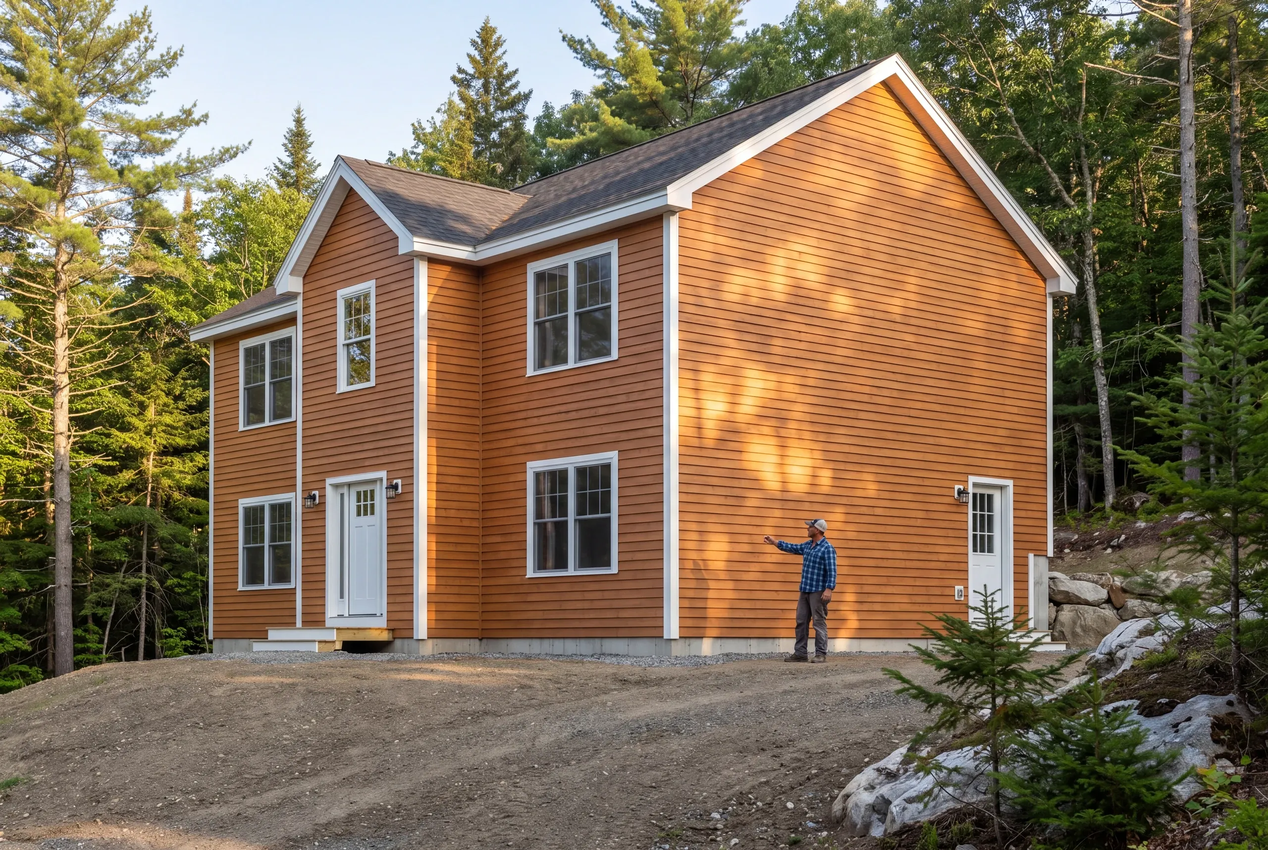 Siding contractor Vienna, ME assessing the shaded north wall of a hill home