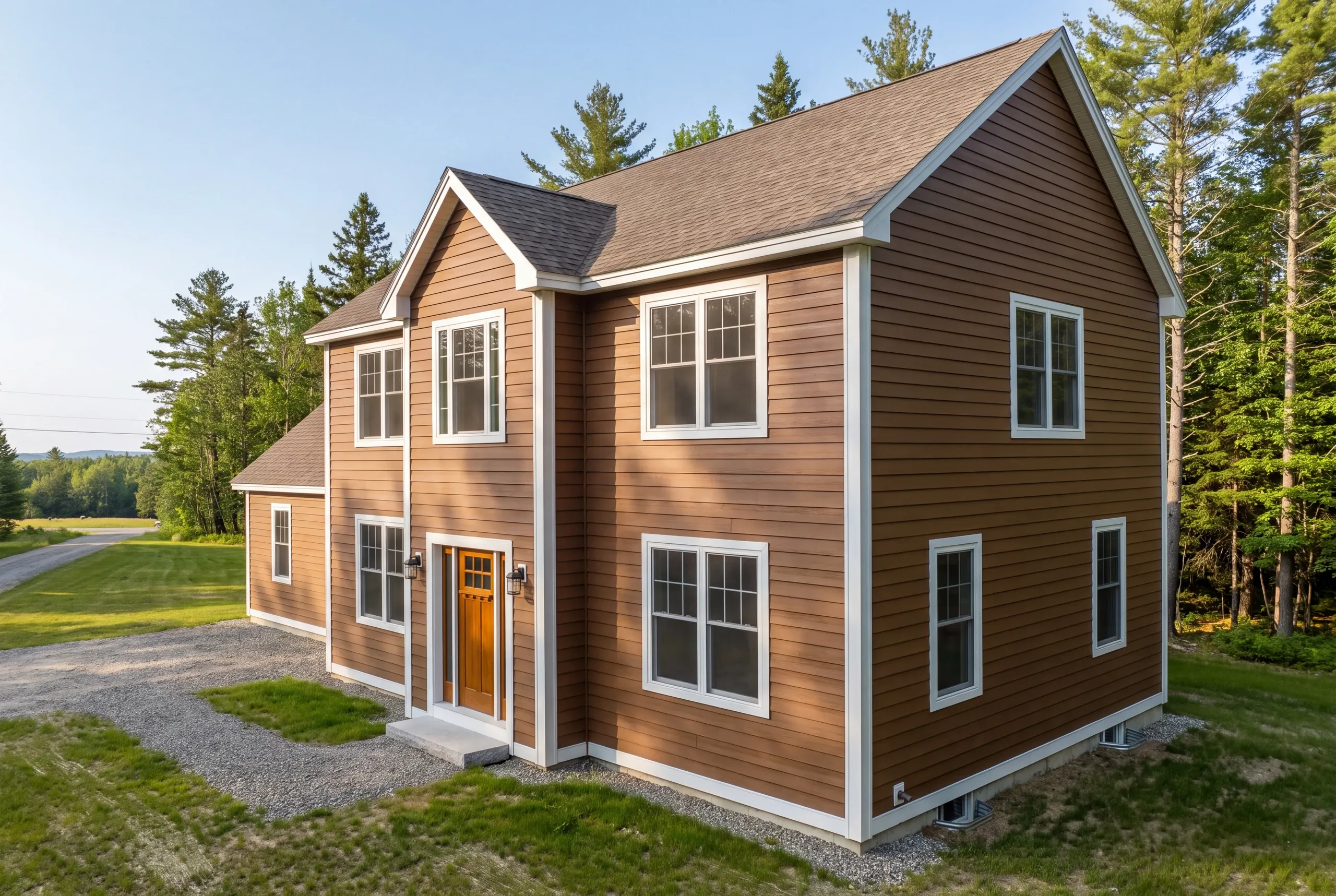 Finished siding and trim on a Vienna, Maine home, wide view