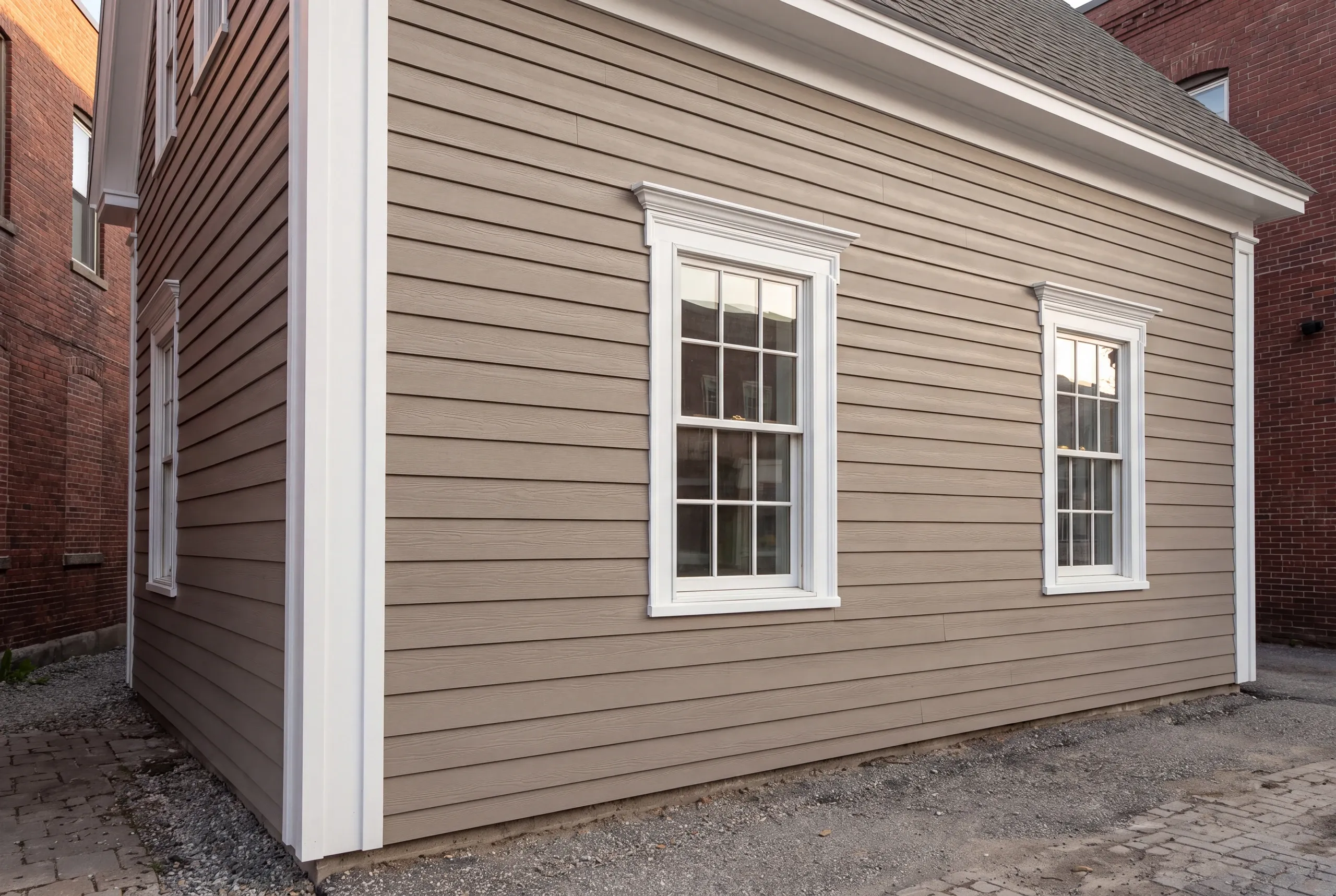 Finished siding, corner boards and window trim along the side of a Waterville home