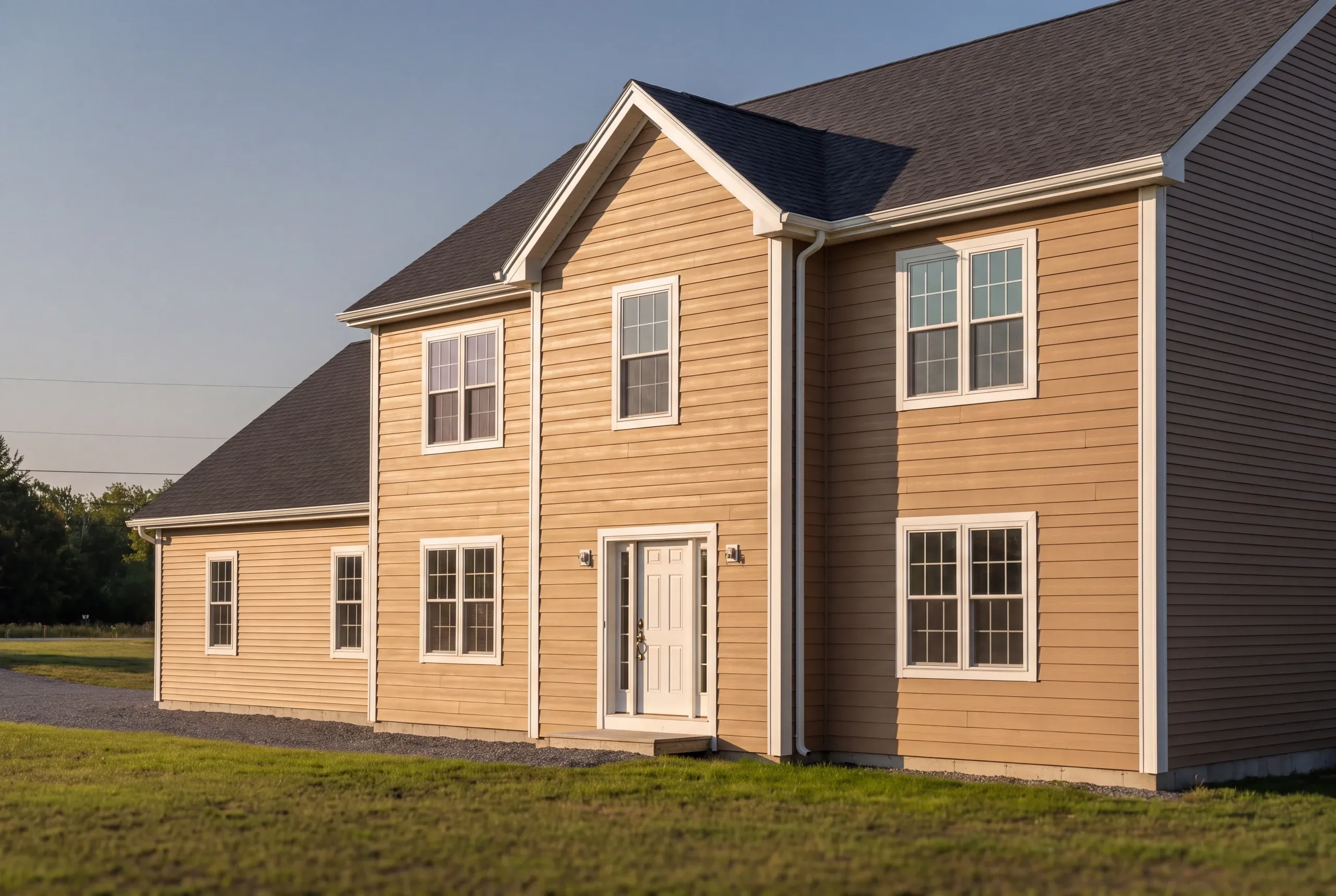 Finished siding and trim on a Waterville, Maine home, wide view