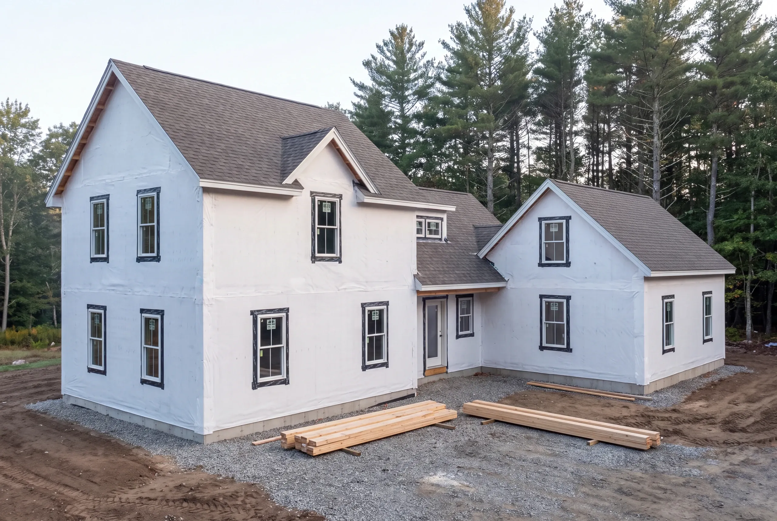 Connected farmhouse and ell walls being sided in Whitefield