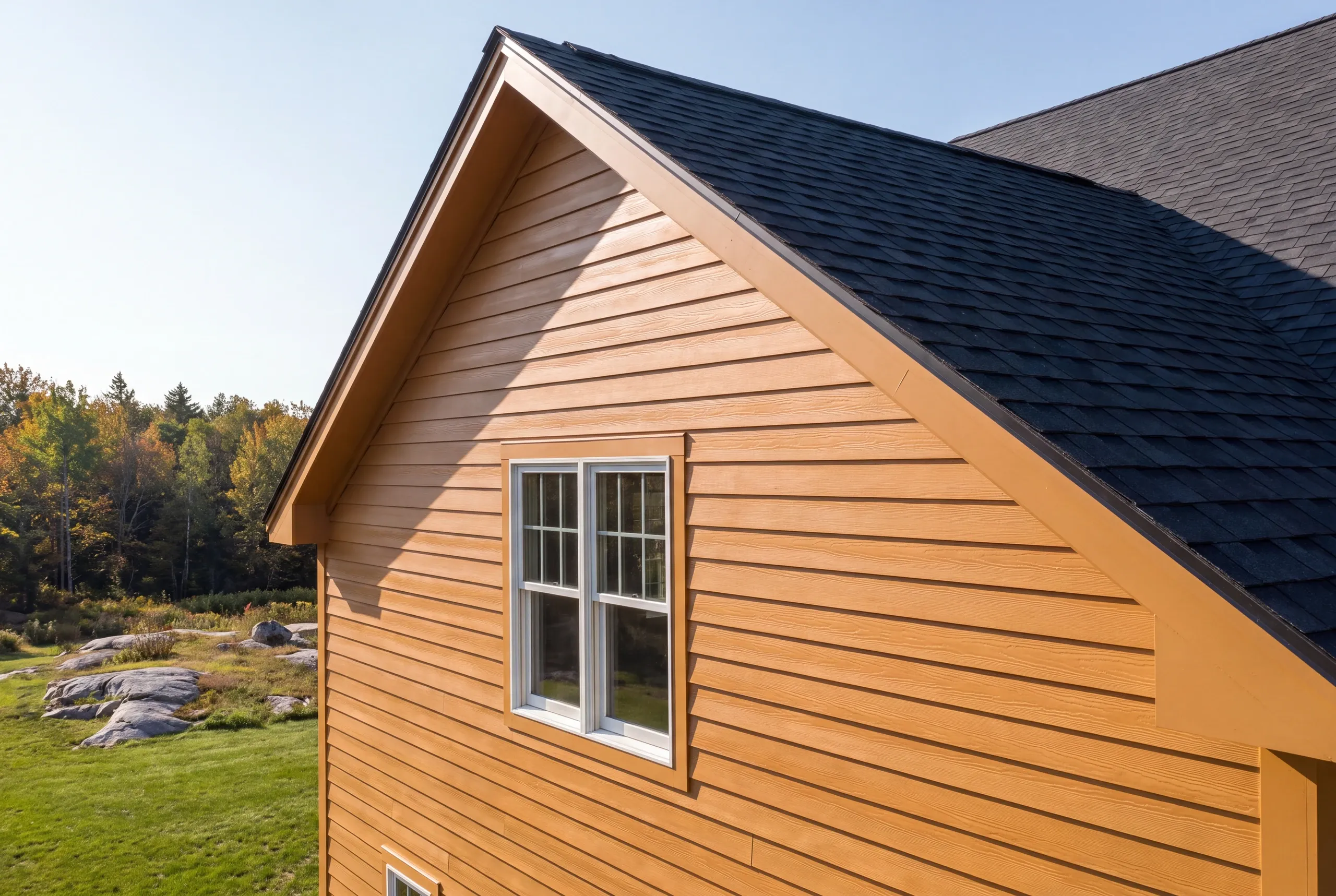 Finished siding, corner boards and window trim along the side of a Whitefield home