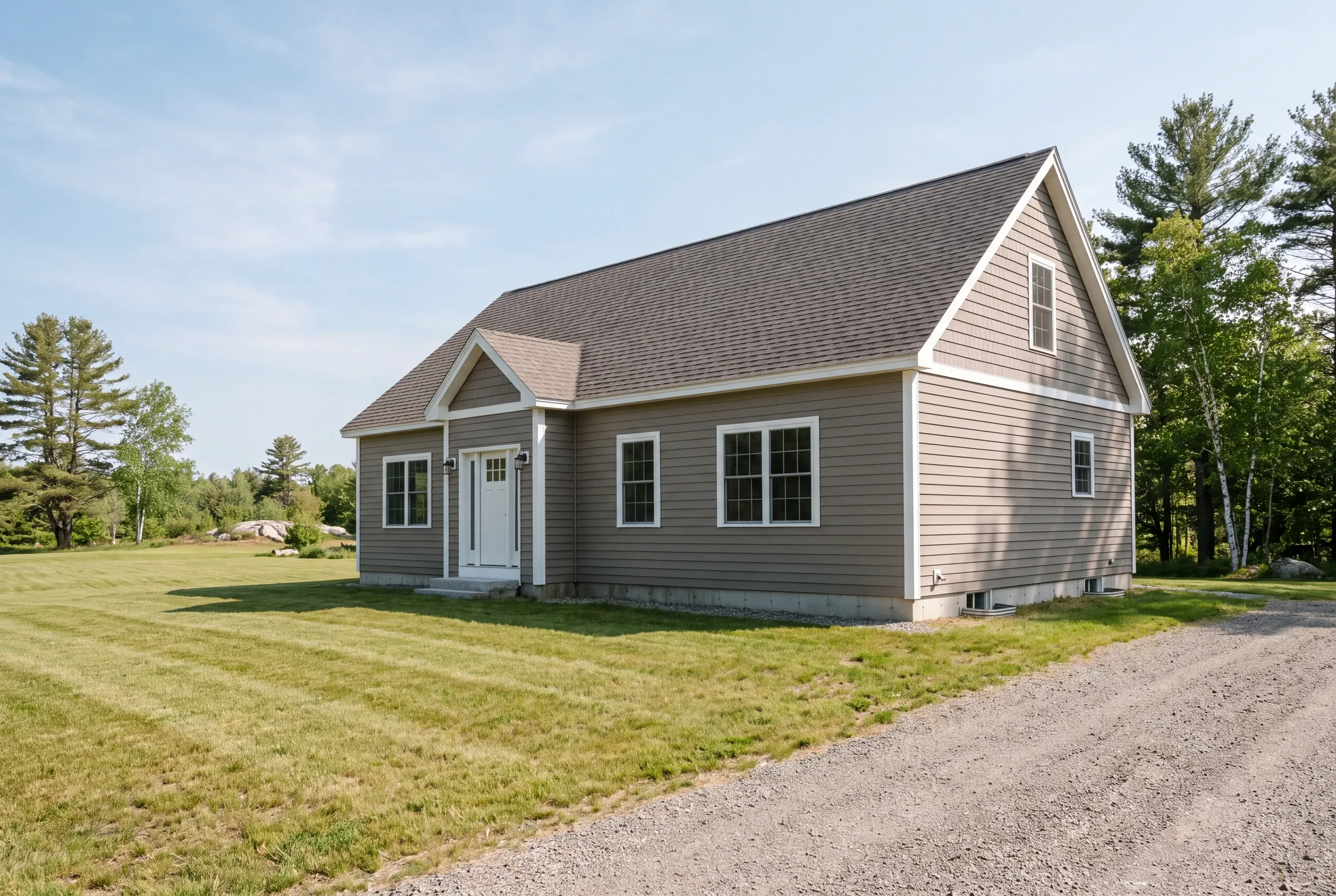 Finished siding and trim on a Whitefield, Maine home, wide view