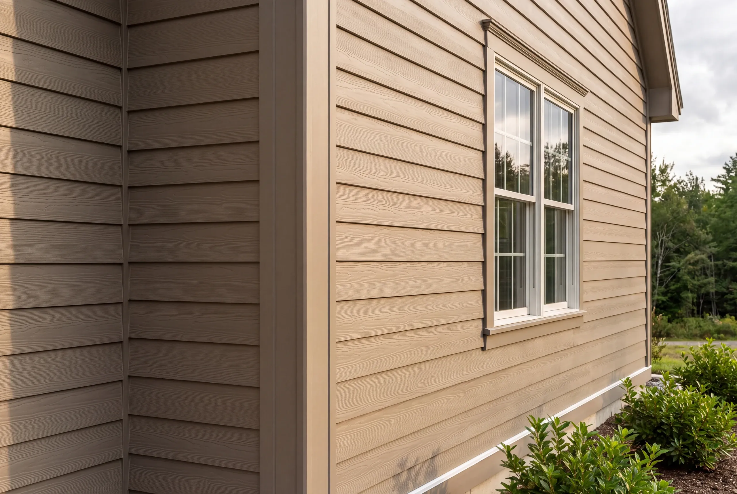 Finished siding, corner boards and window trim along the side of a Windsor home