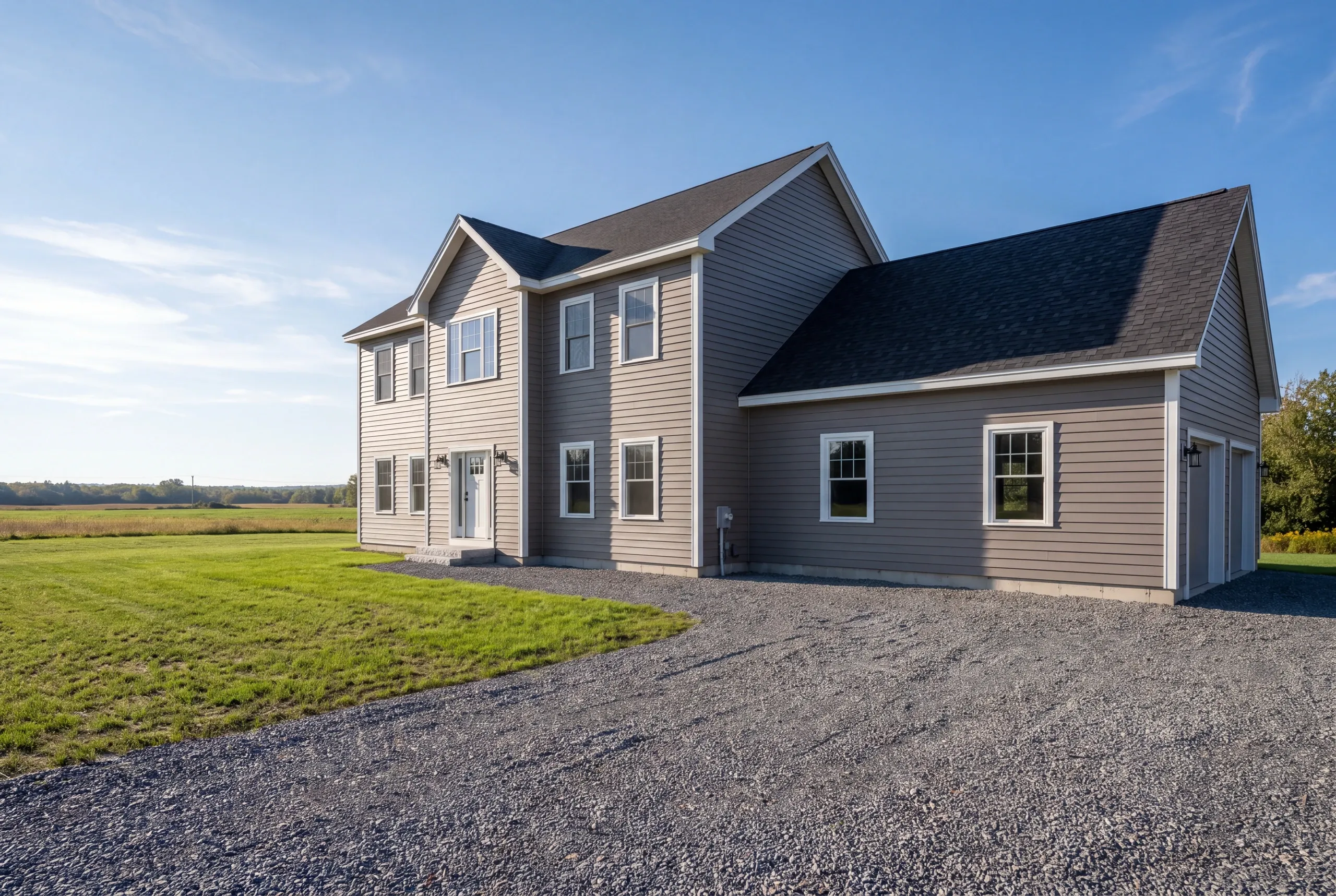 Finished siding and trim on a Windsor, Maine home, wide view