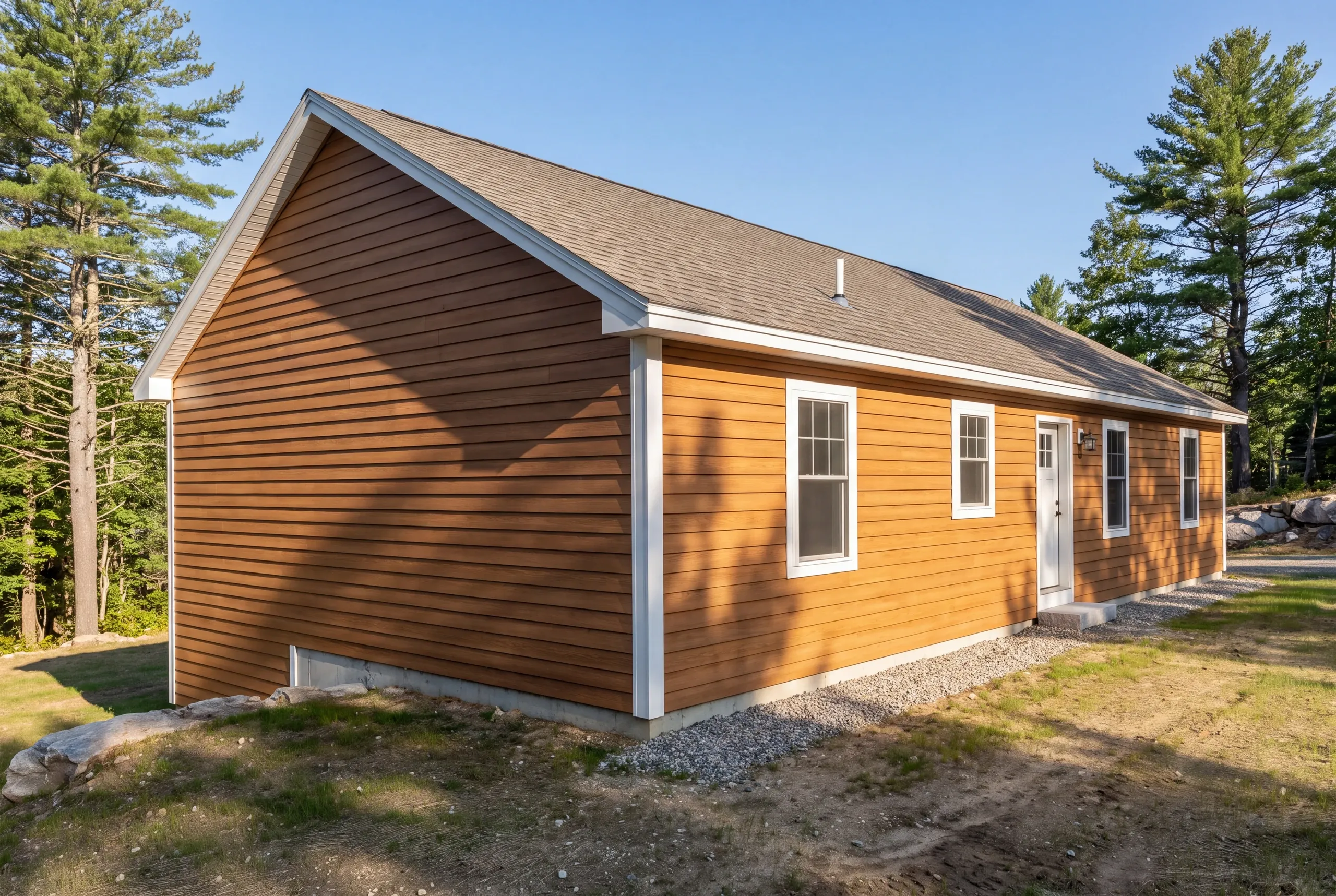 Finished siding, corner boards and window trim along the side of a Winslow home