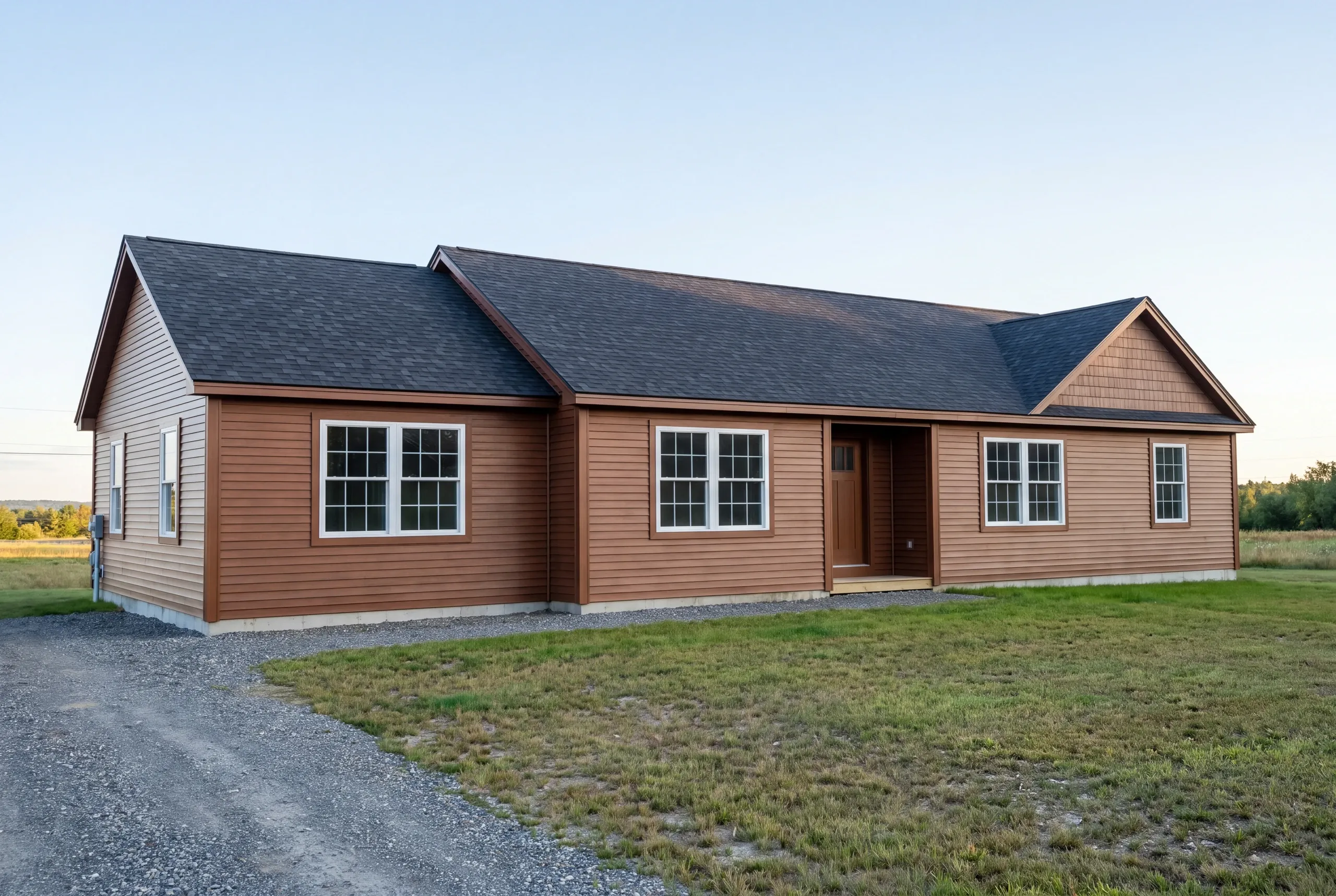 Finished siding and trim on a Winslow, Maine home, wide view